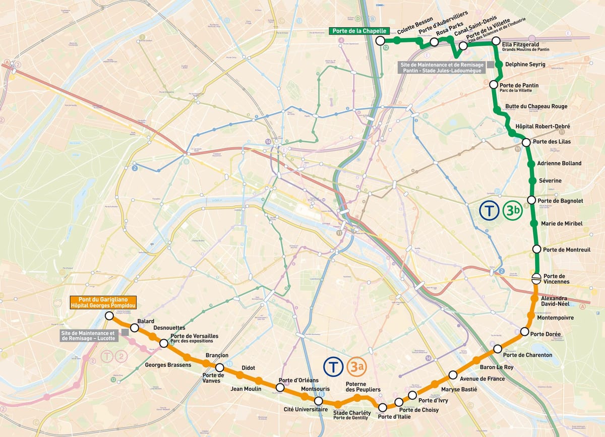 地図のパリの路面電車